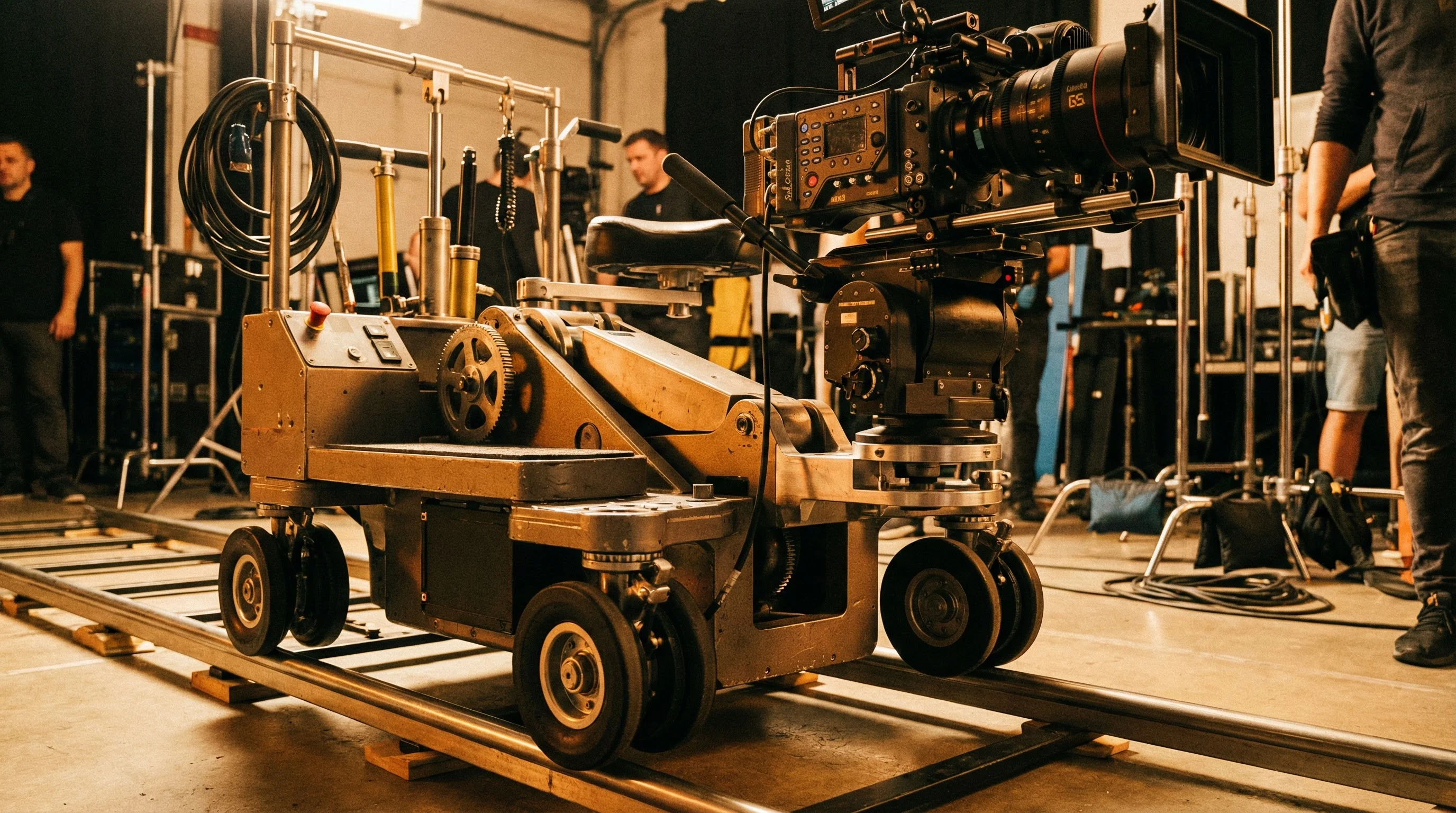 专业摄影机轨道车设备在片场的详细特写